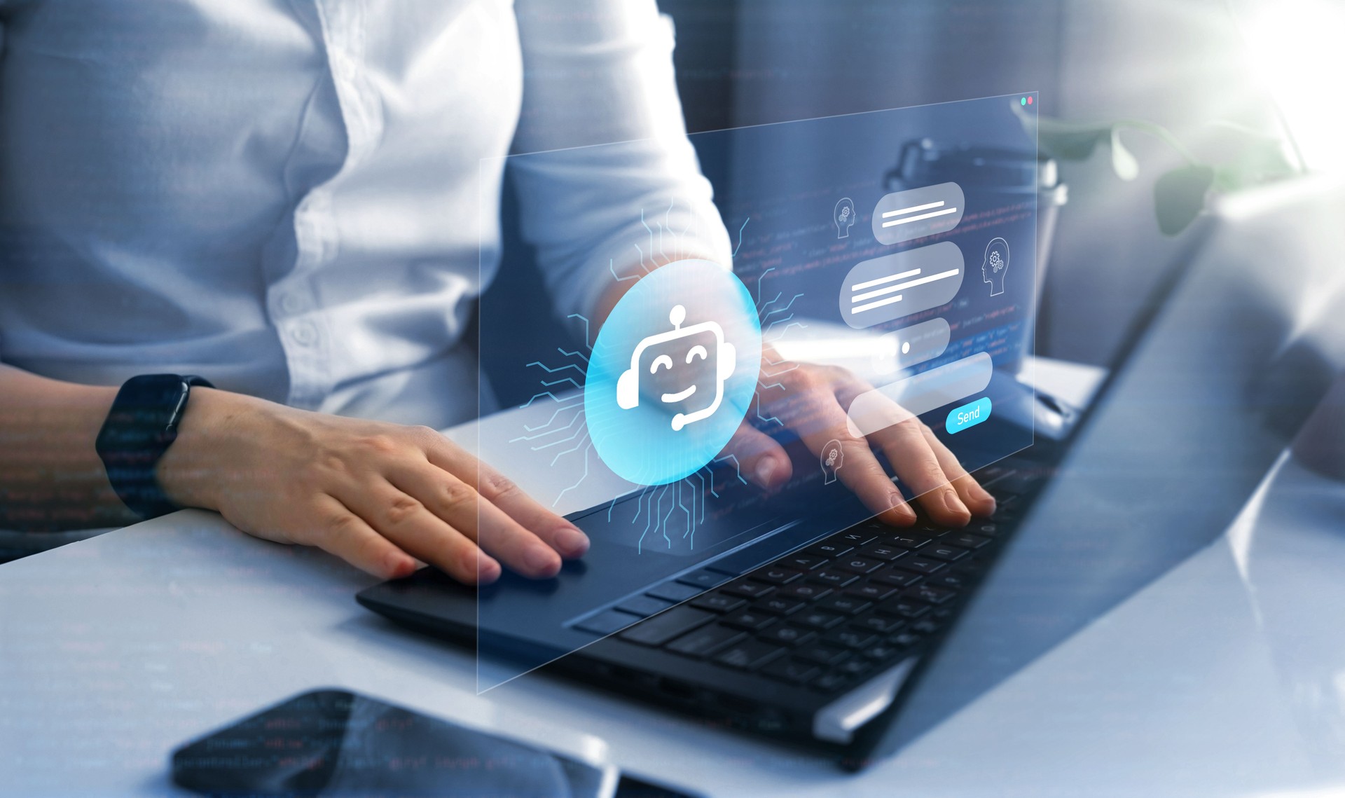 Chat bot  service concept. Virtual assistant and CRM software automation technology. Customer using online service with chat bot to get support
