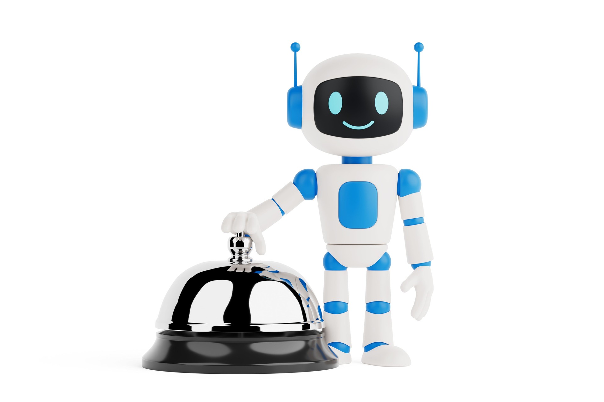 Customer Support Automation Concept. Friendly AI Robot Pressing Service Bell. 3d Rendering