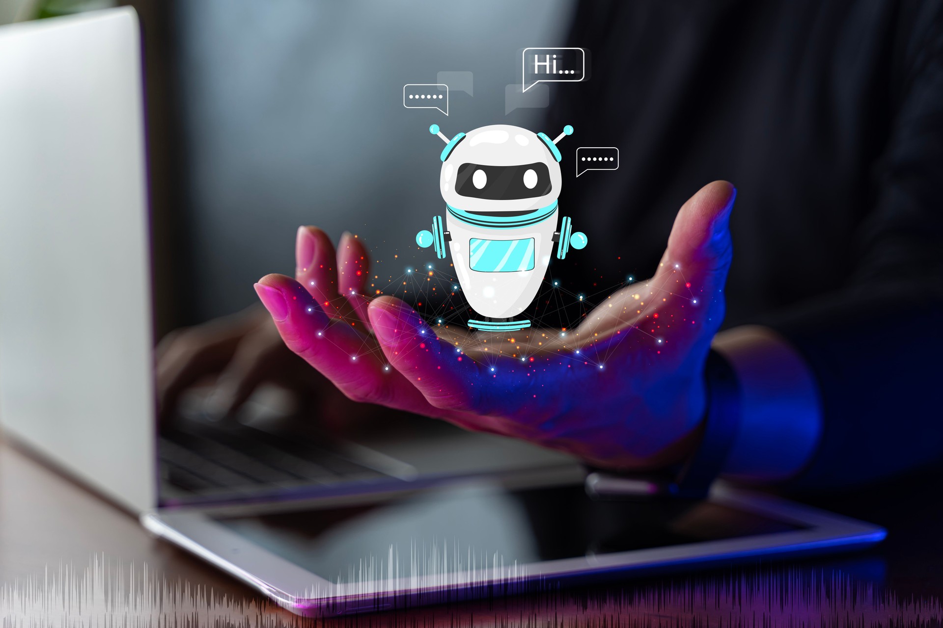 AI intelligent digital customer service application concept. Computer mobile application uses artificial intelligence chatbots automatically respond online messages